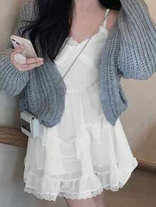 Vestido casual de alças finas com detalhes em renda, cor sólida, estilo elegante para primavera e verão. - Branco - Ver 6