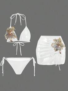 Swim Oasis Set de 3 piezas Nuevo traje de baño de triángulo con sujetador push-up, bordado floral y tela brillante de lentejuelas para mujer - Blanco - Ver 1