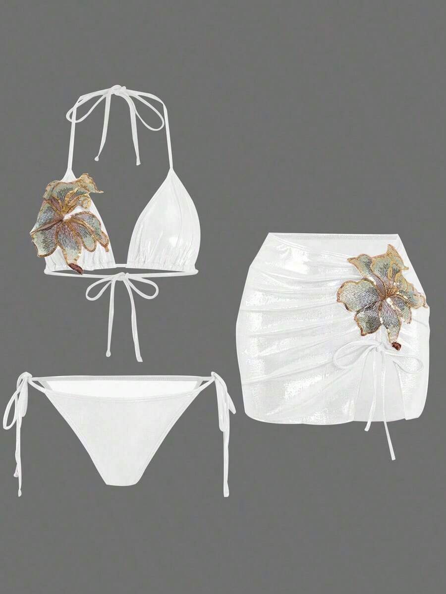 Swim Oasis Set de 3 piezas Nuevo traje de baño de triángulo con sujetador push-up, bordado floral y tela brillante de lentejuelas para mujer - Blanco - Ver 1