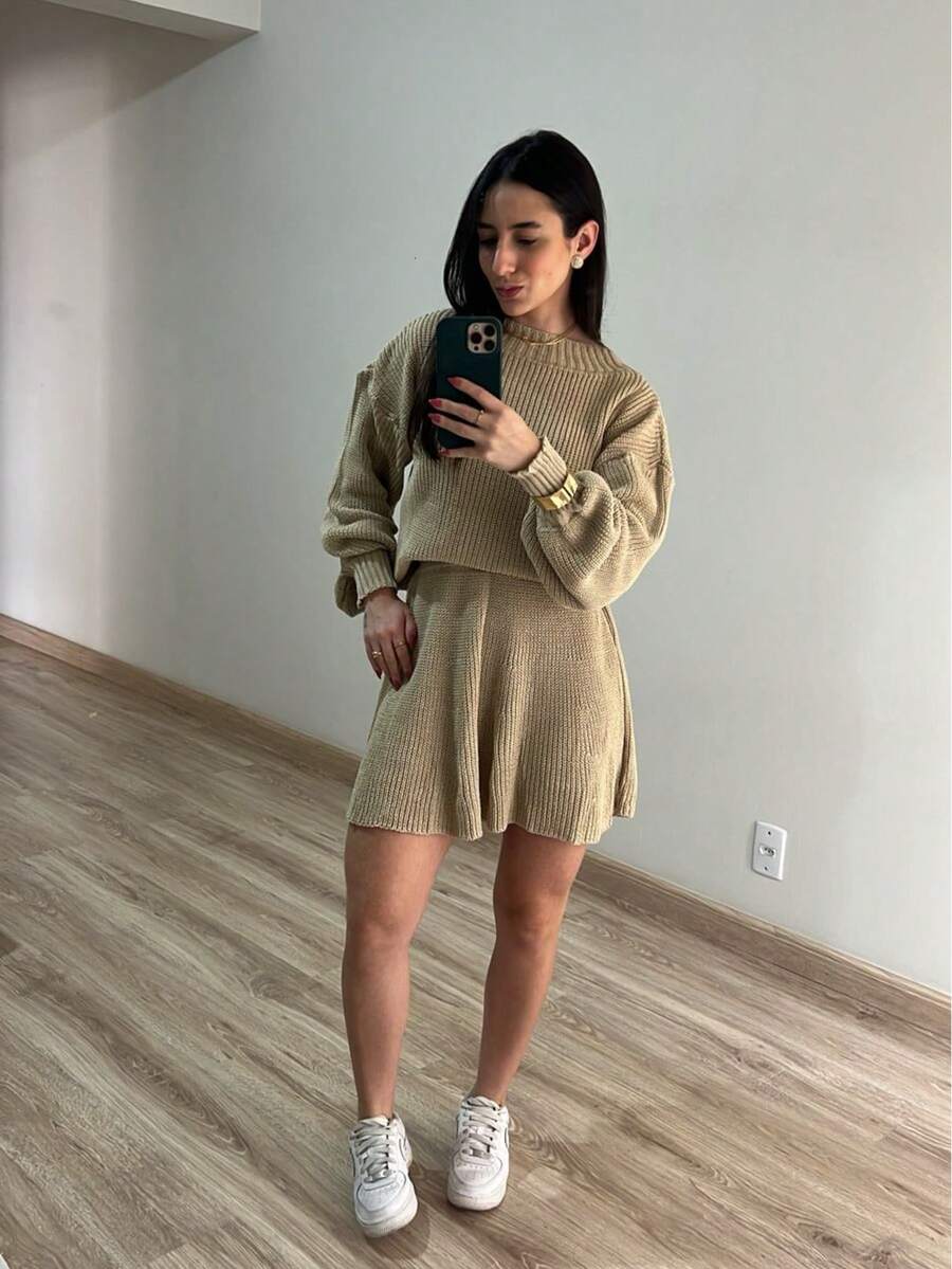 Women's Set: Short A-Line Skirt, Puff Sleeve Blouse, Knit Fabric, Autumn/Winter - 米色 - 查看 1