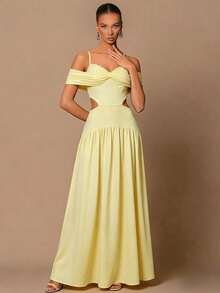 Women's Off-The-Shoulder Maxi Dress With Pleats And Ribbon Embellishment - Yellow - View 1