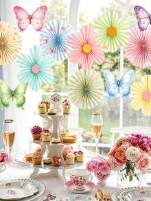 12 piezas Decoraciones de flores de papel de colores suaves, abanico de papel con mariposas y flores de primavera para colgar en el jardín, adecuado para fiestas de cumpleaños con tema de flores silvestres de primavera/verano, suministros para decoración de fondo del hogar - Multicolor - Ver 7