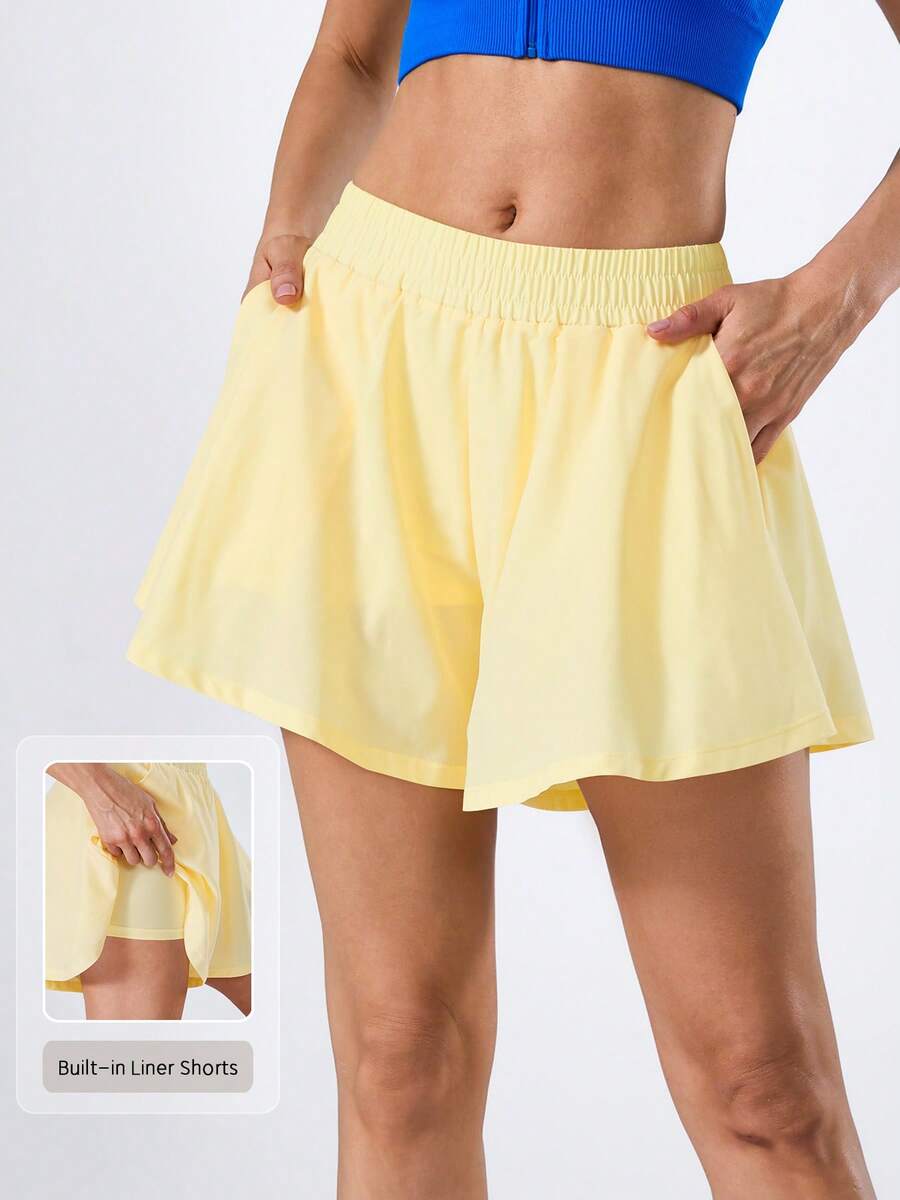 NcmRyu 1 chiếc quần short nữ màu trơn, cạp chun, có túi, dáng rộng, thích hợp cho hoạt động thể thao. - Màu vàng - Xem 1