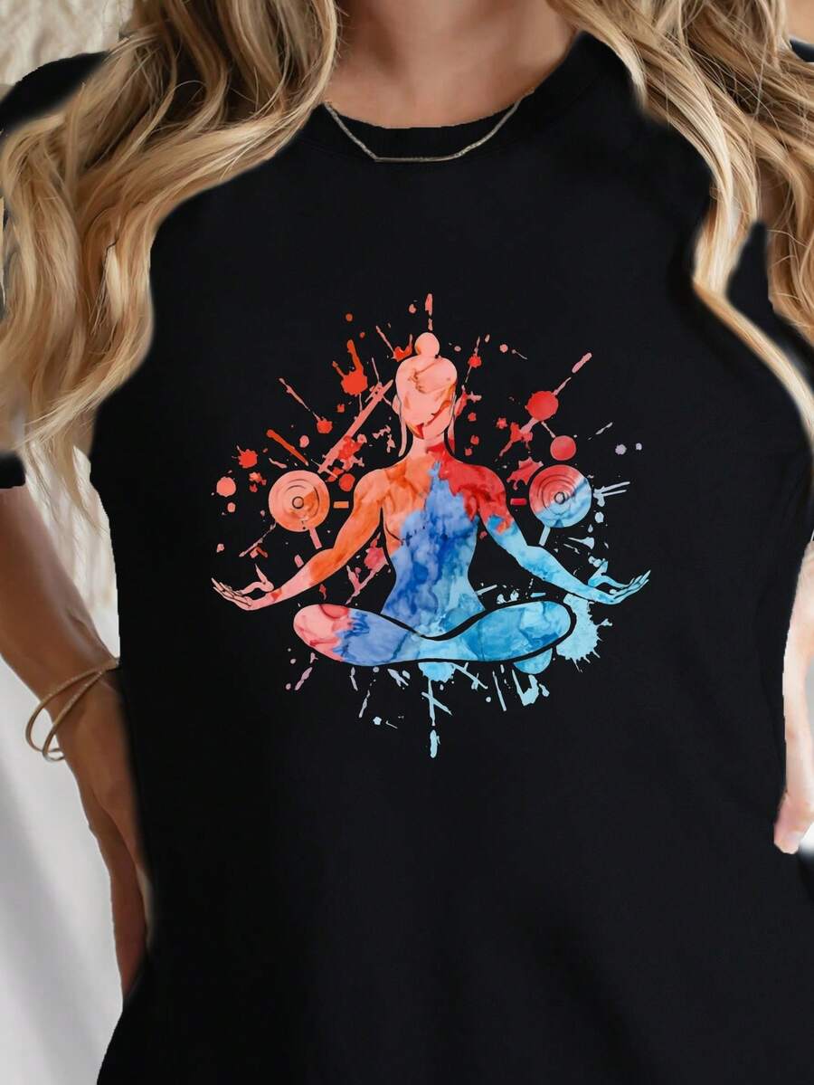 Fitness Landscape Artwork Print Crew Neck T-Shirt, Casual Short Sleeve T-Shirt For Spring & Summer, Women's Clothing