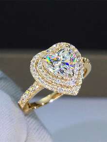 1pc Women's Romantic Heart-Shaped Cubic Zirconia Ring, Suitable For Valentine's Day Gift, Wedding, Engagement, Anniversary Occasions - Yellow Gold - View 2