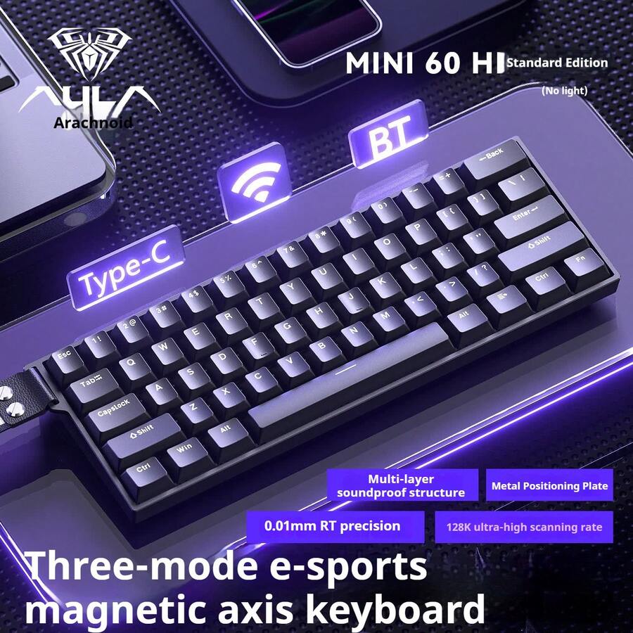 AULA MINI60 HE Mechanical Keyboard 61 Keys Tri-mode Magnetic Axis 8KHz Ultra Low Latency RGB Light 4000mAh Battery Type-C Charging Gaming Office Keyboard - 查看 1
