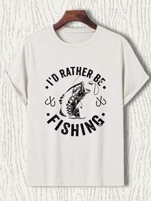 Graphic Fishing T-Shirt - Lightweight Tee With "I'd Rather Go Fishing" Slogan, Fishing Hook And Line Design - All-Season Casual Outdoor Wear For Anglers - Machine Washable Fishing Travel Outfit - 白色 - 查看 1