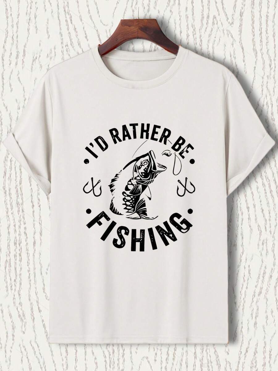Graphic Fishing T-Shirt - Lightweight Tee With "I'd Rather Go Fishing" Slogan, Fishing Hook And Line Design - All-Season Casual Outdoor Wear For Anglers - Machine Washable Fishing Travel Outfit - 白色 - 查看 1