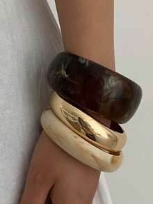 3pcs Fashionable Acrylic & Metal Layered Bangle Bracelet Set, Versatile For Daily Commute - Brown - View 2
