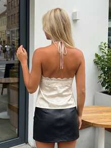 Women Tank Tops Halter Neck Sleeveless Lace Trim Summer Satin Vest For Daily Vacation Beach - Rượu sâm banh - Xem 6
