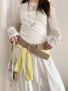 1pc Khaki PU D-Ring Buckle Suede Vintage Versatile Wide Waist Belt - 卡其色 - 查看 4