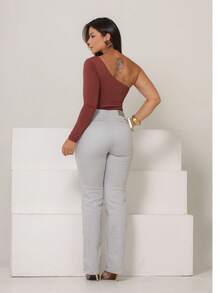 Women's Straight Leg Trousers In Satin Twill, Tailored Style, Malloy Style - Light Grey - View 8