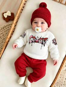 2pcs Baby Boy Letter Print Crew Neck Long Sleeve Warm Sweatshirt And Pants Set - White - View 1