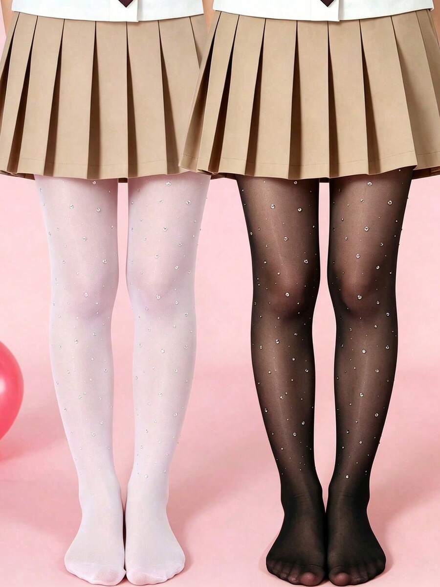 2pcs Girls' Sweet Rhinestone Design Thin Pantyhose For Spring/Summer, Girls' Breathable Snug Leggings For Summer Outdoor Activities
