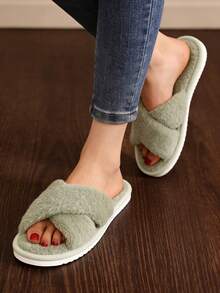 Bestselling Women's Crossover Open Toe Slippers, Comfortable Flat Fluffy Fashion Minimalist Slip-On Furry Cotton House Shoes, Spring/Autumn - Mint Green - View 3