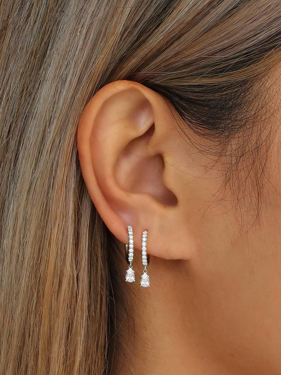 1 Đôi bông tai mặt dây chuyền hình giọt nước bằng bạc Sterling S925, đính đá Zirconia tổng hợp sáng bóng, không gây dị ứng, kiểu dáng tối giản thanh lịch, tinh tế, phù hợp cho phụ nữ đeo hàng ngày hoặc làm quà tặng dịp lễ. - giọt nước - Xem 1