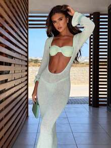 Nuevo vestido de primavera/verano para mujer: Vestido de punto largo con escote en V profundo, cintura ajustada y diseño calado, apropiado para la playa, el mar y las vacaciones de natación - Verde Claro - Ver 2