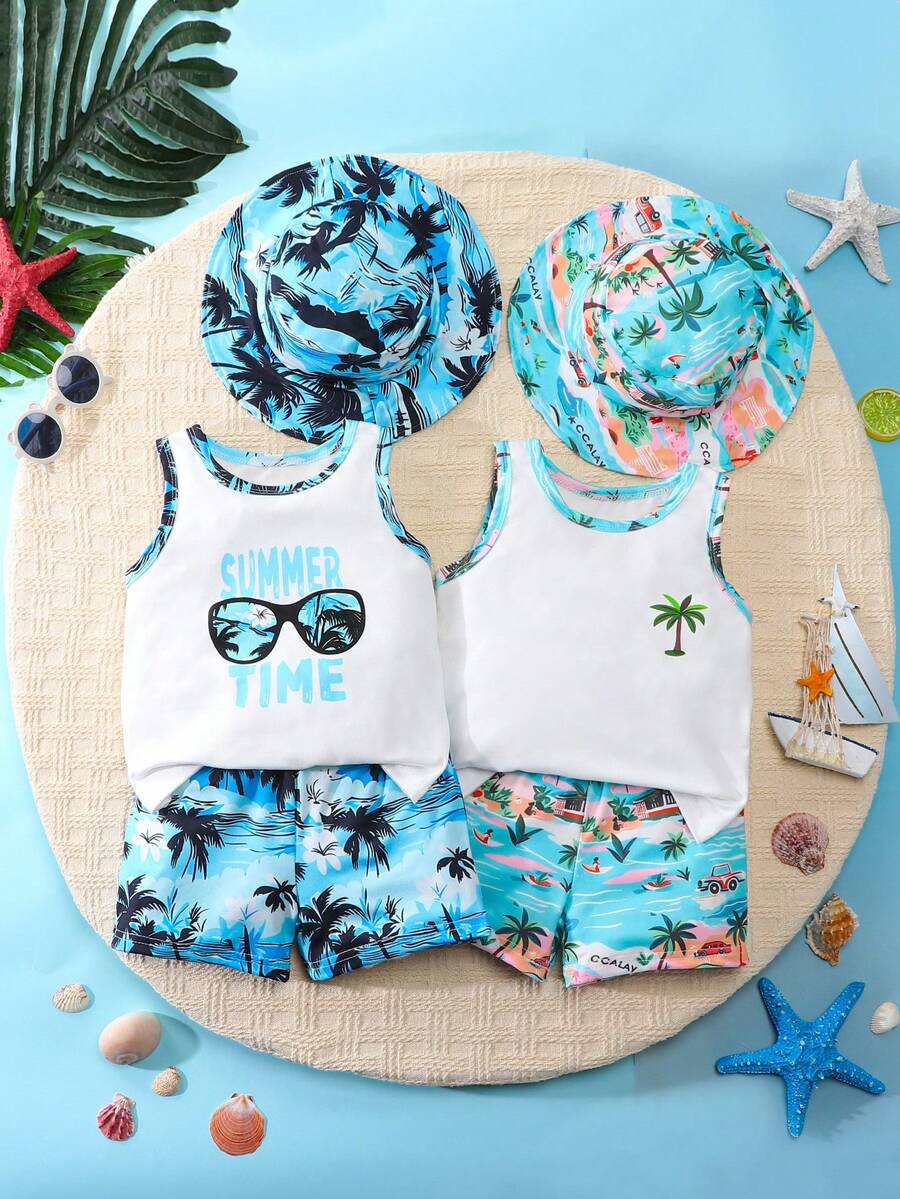 Bộ 6 món cho bé trai mùa hè, kiểu dáng thường ngày, in hình cây dừa: áo ba lỗ cổ tròn, quần short và mũ, phong cách đi biển. - Nhiều màu - Xem 1