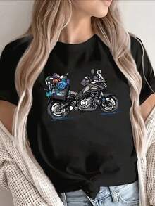 Lightweight And Durable Short-Sleeved T-Shirt Made Of [Material Name Missing], Featuring A Motorcycle Graphic Print, Perfect For Casual Outings At Home Or In Cafes, Designed For Everyday Comfort With A Striking Design And Soft Material - 黑色 - 查看 1
