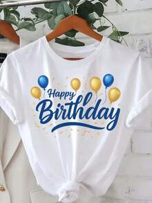 Happy Birthday, Blue Balloon Graphic Print T-Shirt, Short Sleeve Crew Neck Casual Top For Summer Spring, Women's Clothing - 白色 - 查看 1