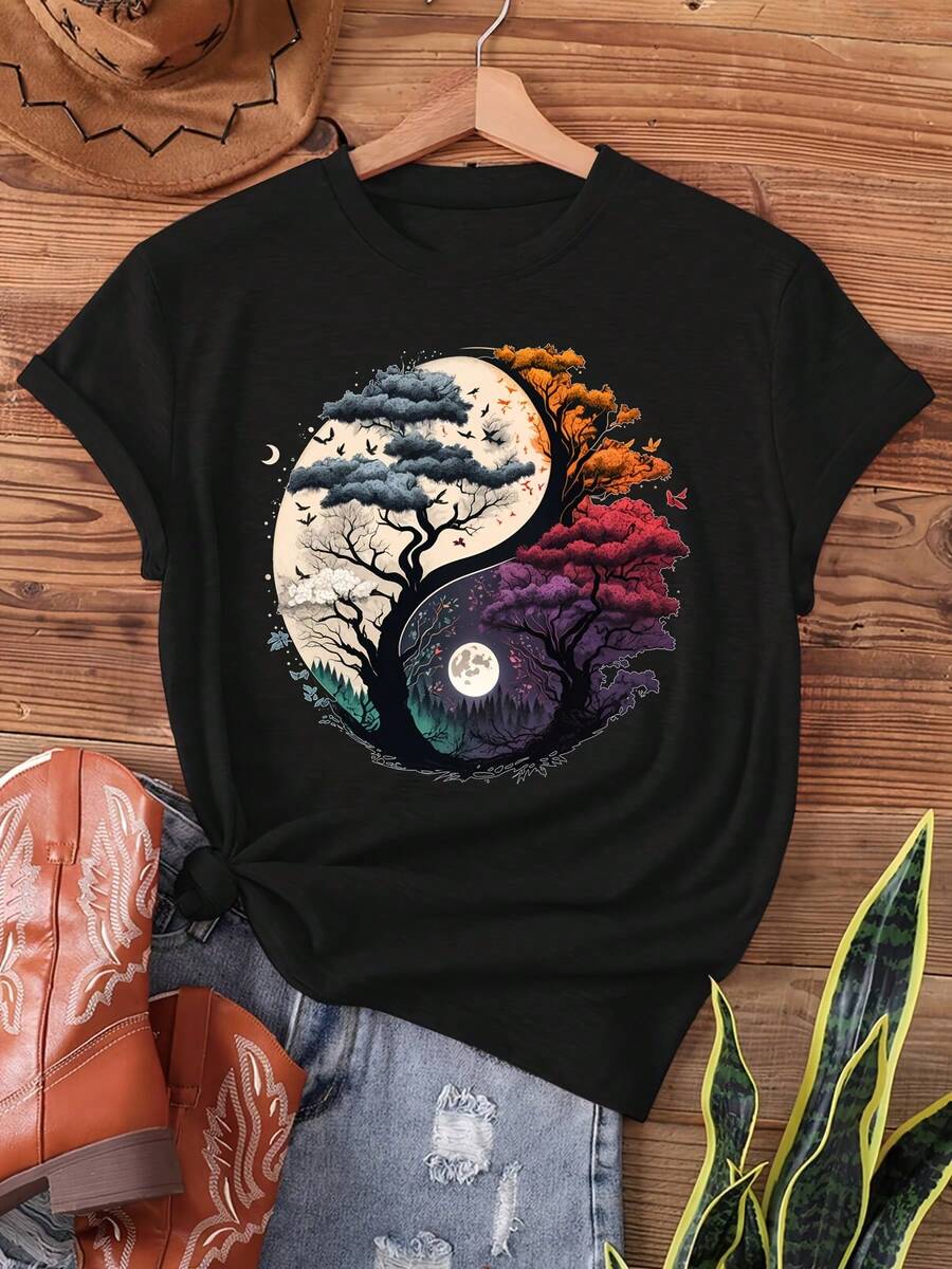 Tree of Life Yin Yang Print T-shirt, Short Sleeve Crew Neck Casual Top for Summer & Spring, Women's Clothing