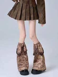 1 Pair Distressed Punk Style Leg Warmers With Metal Chain, Y2K Retro Versatile Leg Sleeves - Brown - View 3
