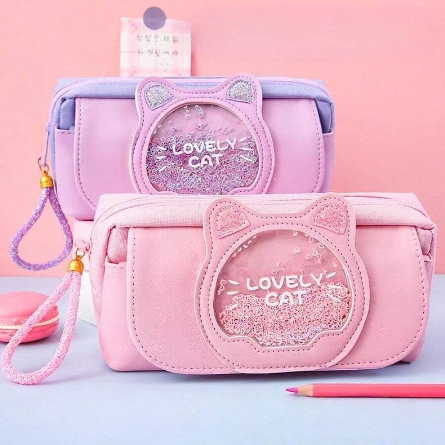 SANRIO Bộ 3 túi đựng văn phòng phẩm dễ thương họa tiết cát chảy, hộp bút đa năng, túi đựng bút dung tích lớn, hộp đựng văn phòng phẩm, túi đựng văn phòng phẩm nữ tính.