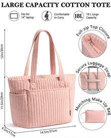 Puffer Tote Bag For Women, Quilted Cotton Laptop Work Tote Shoulder Bag For College School, Teacher, Nurse, Travel | Top Full-Zip Closure, Lightweight, Puffy, With Cosmetic Bag, 40 OZ Tumbler Holder, 14" Computer Bag, Ideal Gift For Women, Pink - Hồng - Xem 3