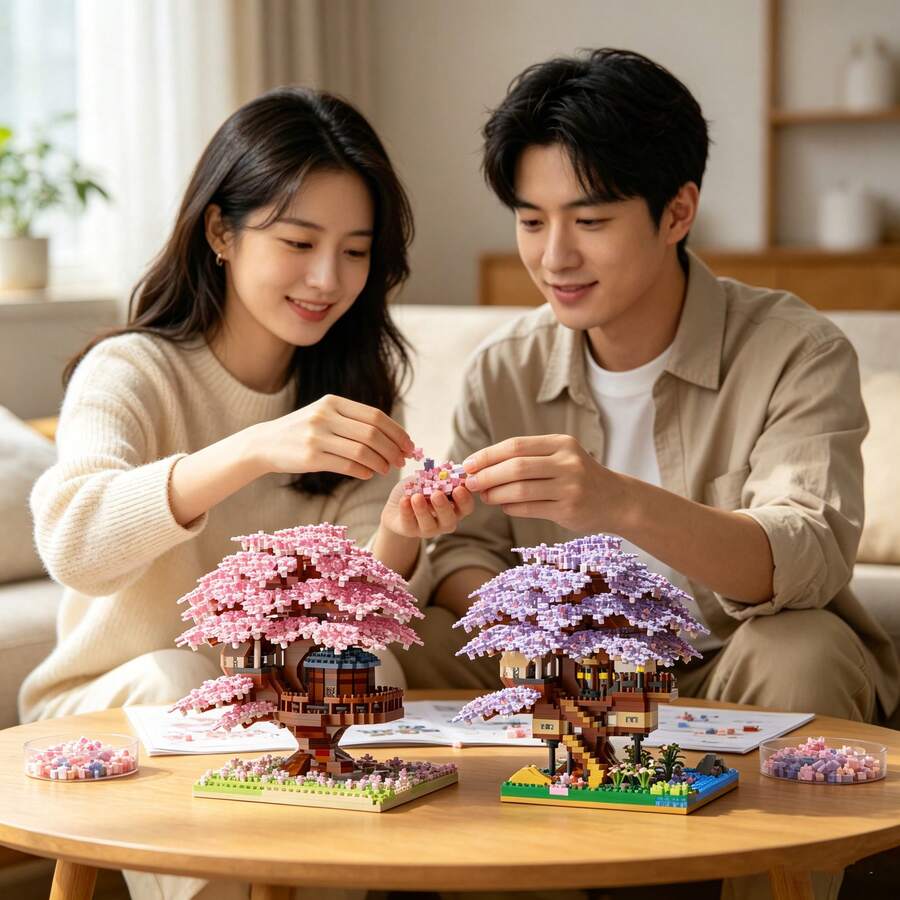 2229pcs Mini Particle Japanese Cherry Blossom & Peach Flower House Building Blocks, DIY Micro Particle Architecture Model, ABS Material Desktop Decor, Perfect Gift For Halloween/Thanksgiving/Christmas - Multicolor - View 1