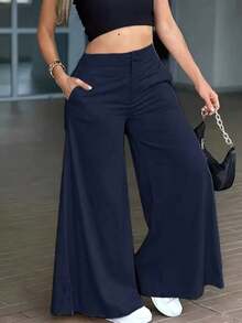 Pantalones anchos y sueltos de unicolor y casual para mujer, elegantes y minimalistas para la primavera - Azul marino - Ver 5