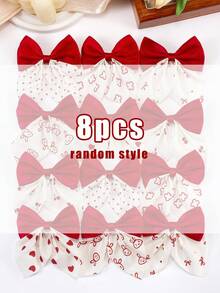 8pcs Random Red & White Printed Bow Hair Clips, Cute & Sweet Hair Accessories For Girls, Versatile For Ponytail, Half-Up Hairstyles, Daily Wear - Multicolor - View 10