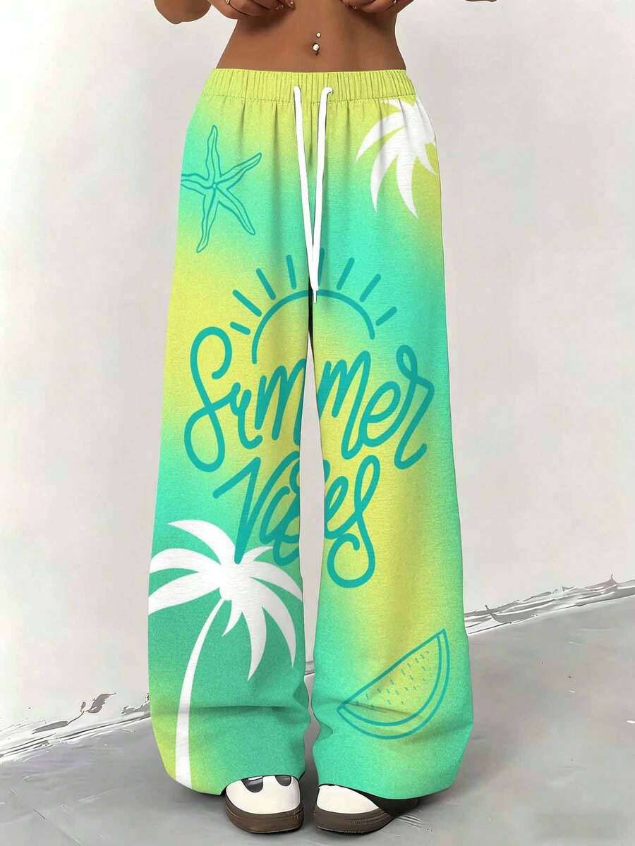 Women Straight Leg Wide Leg Pants Summer Vibes Palm Tree Starfish Watermelon Print Casual Sporty Wear 250g - 彩色 - 查看 1