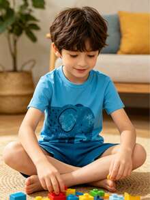 2pcs Boys Elephant Print Short Sleeve Shorts Pajama Set, Comfortable Casual, Suitable For 4-7 Years Old Boys, Can Be Used As Holiday Gift, Boys Loungewear, Children Clothing - Dusty Blue - View 4