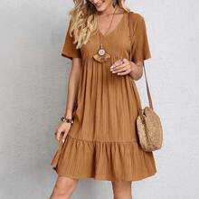 Vestido liso de verano para mujer, informal, bohemio, con cuello en V, manga corta, volantes, suelto, línea A, Mini vestido elegante para fiesta en la playa, Vestidos de calle - Rosa - Ver 3