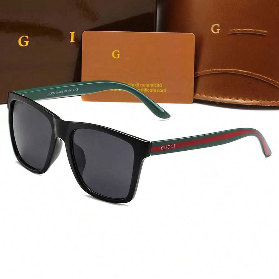 GG Brand Retro  For Men And Women With Square Frames, Fashionable - C3 With Green and Red Stripes and Gray Accents, Featuring a Logo. - View 1