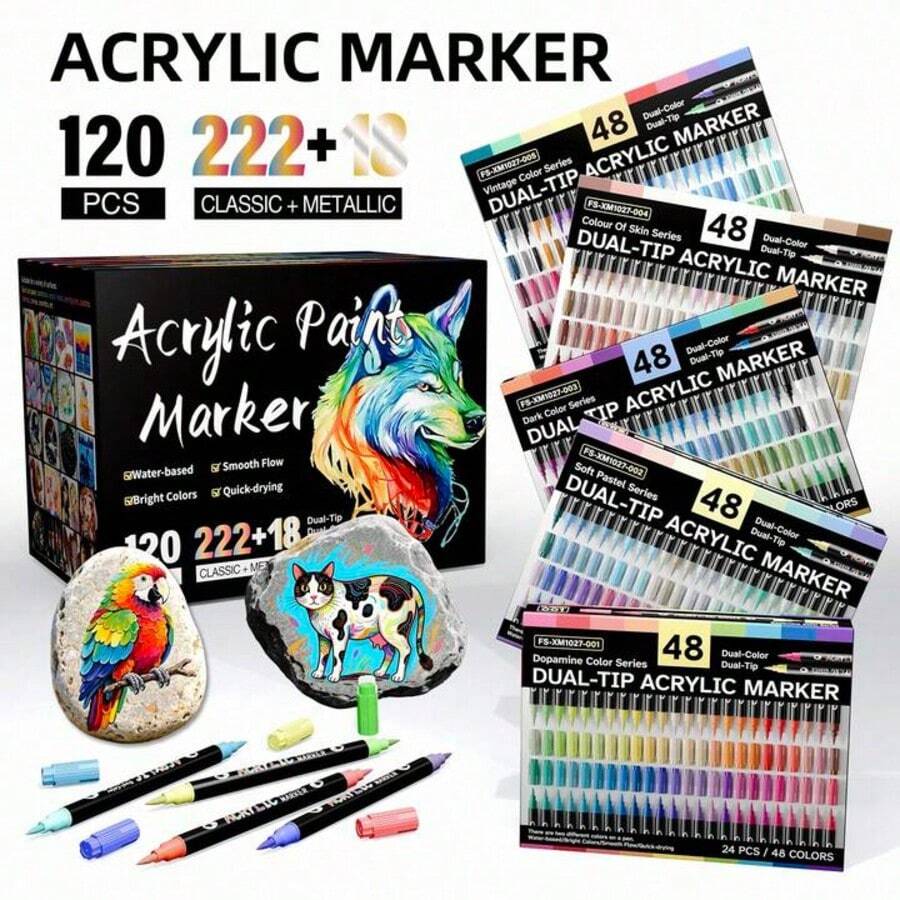 Bộ 48 màu, 24 bút vẽ acrylic hai đầu, đầu nhọn, khô nhanh, có thể nạp mực lại, thích hợp để vẽ trên đá, trứng, gỗ, gốm sứ, đồ dùng cần thiết cho năm học mới.