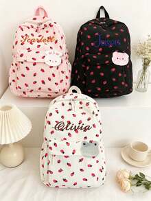 Customized Backpack With Embroidery, Personalized Text, Strawberry Print, Fashion, Casual, Versatile Backpack, Comes With Various Small Accessories, Ideal Gift For Girlfriend, Friend - Multicolor - View 2