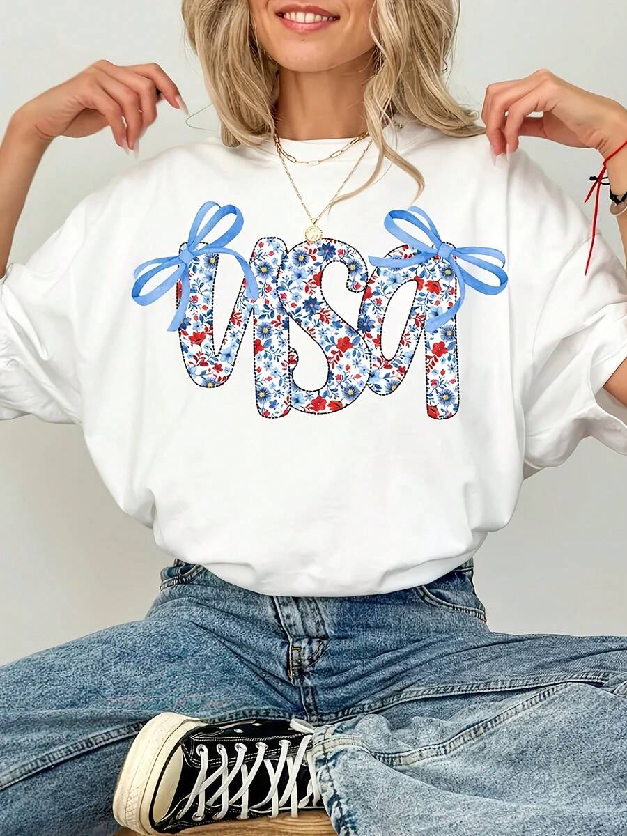 Women's Floral Patriotic US Flag Print T-Shirt - July 4th Independence Day Design, Plus Size Lightweight Breathable Crew Neck Short Sleeve T-Shirt, Machine Washable, Holiday Outfit, Festive Style, Soft Material, Superior Print, Festivals - 白色 - 查看 1