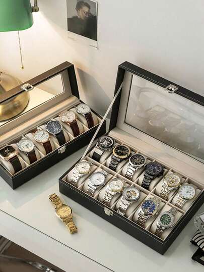 1pc Leather Watch Box, Large Capacity Watch Display Box, Jewelry Storage Display Box, Suitable For Men And Women, Elegant Black PU Leather Box With Safety Divider - Can Hold Watches, Home Organization And Storage Items, Room Decor, Men's Gift, Women's Gift
