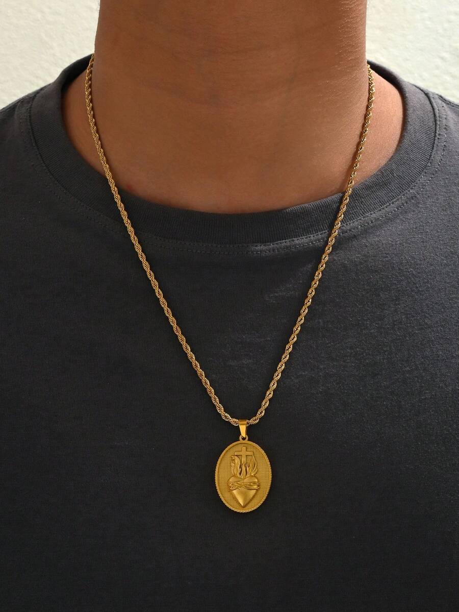 1 chiếc dây chuyền mặt dây chuyền hình Thánh Tâm Chúa Giêsu bằng thép không gỉ mạ vàng 18K dành cho nam, trang sức tôn giáo có hình thánh giá, trang sức cá nhân hóa phong cách Hip-Hop, thích hợp làm quà tặng ngày Lễ Thăng Thiên và đeo hàng ngày theo tín ngưỡng. - Vàng - Xem 1