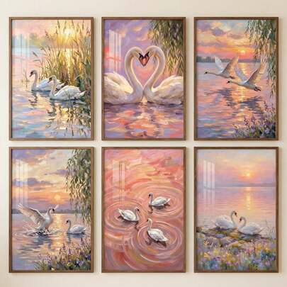 1/6 tấm tranh canvas Hồ Thiên Nga để trang trí phòng ngủ, nhà cửa, đồ trang trí thẩm mỹ, có khung tùy chọn, tranh sơn dầu vẽ cảnh hoàng hôn lãng mạn với hình ảnh thiên nga trắng, có khung/trang trí tường thẩm mỹ cho phòng khách, phòng ngủ, phòng tắm, nhà bếp, văn phòng.