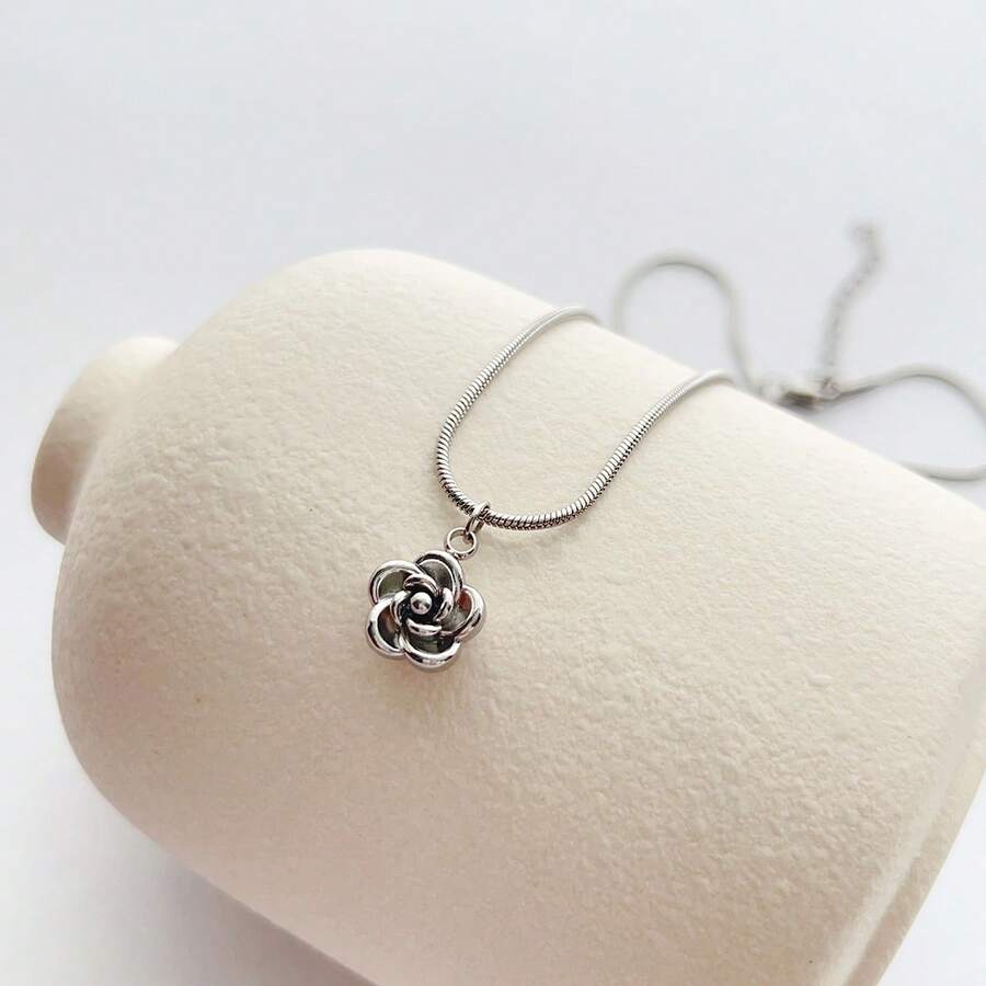 1pc Fashionable Minimalist Sweet Cute Rose Flower Stainless Steel Pendant Necklace, Suitable For Daily Wear - Silver - View 1