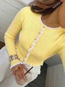 Yepolly-Pop Women Spring Autumn Ribbed Knit Cardigan, Butter Yellow Ruffle Trim Button Front Crop Top, Elegant Daily Wear - Yellow - View 8