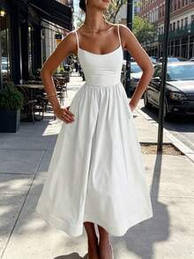 2026 Spring New Women's Clothing, Cross-Border European And American Dress, Sexy Waist-Cinching Pleated Solid Color Large Hem Strap Dress - 白色 - 查看 10
