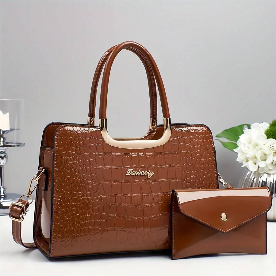 New 2026 Women's Handbag: Embossed Crocodile Pattern Handbag, Stylish Glossy Leather, Luxury Tote Bag/Mother Bag - màu nâu - Xem 1