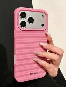 Retro Striped Liquid Silicone Phone Case Compatible With IPhone 17 Pro Max, 17 Pro, 17, 16 Pro Max, 16 Pro, 16, 15, 14, 13 Pro Max, Solid Color Protective Cover - Hot Pink - View 1