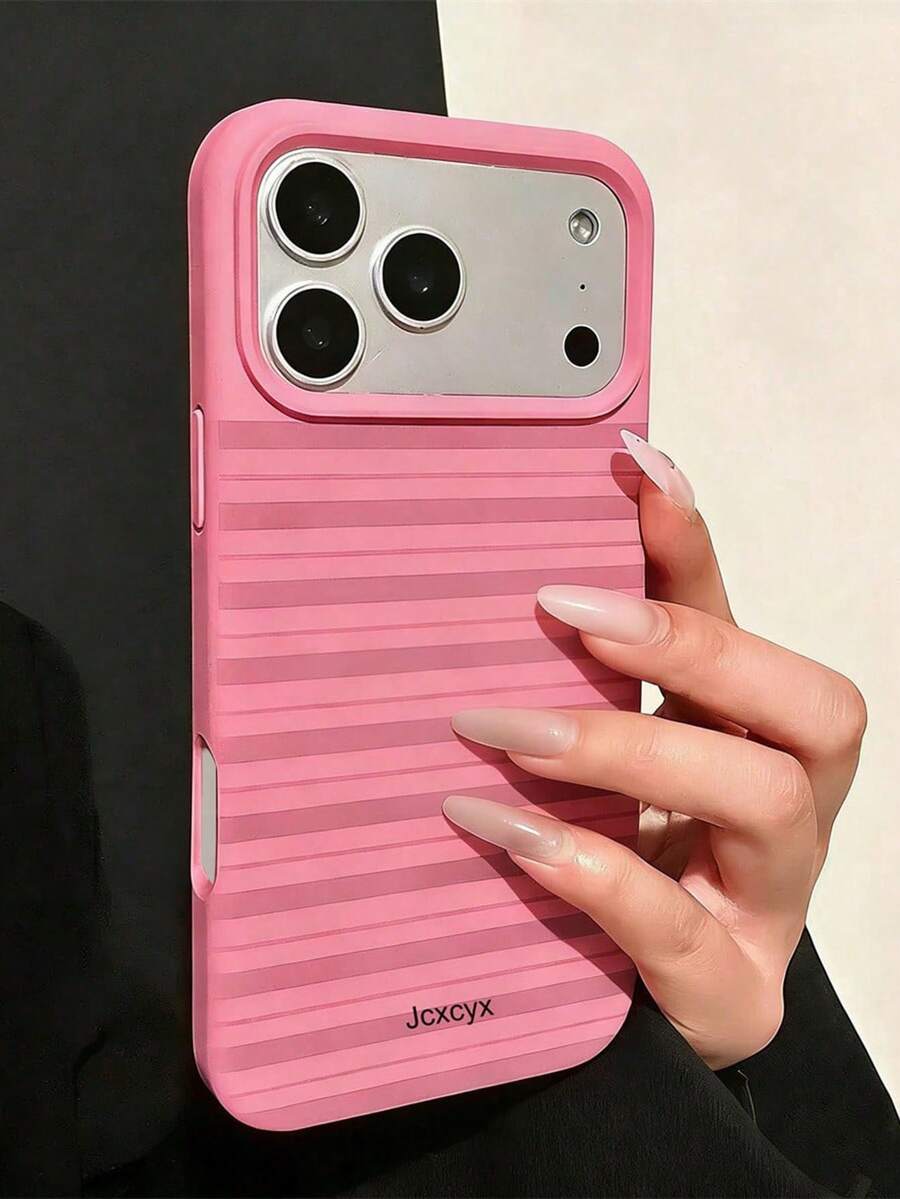 Retro Striped Liquid Silicone Phone Case Compatible With IPhone 17 Pro Max, 17 Pro, 17, 16 Pro Max, 16 Pro, 16, 15, 14, 13 Pro Max, Solid Color Protective Cover - Hot Pink - View 1