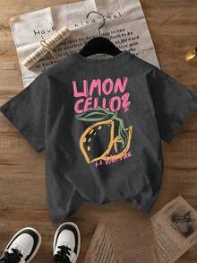 Plus Size Women's Casual Lemon Print Round Neck Short Sleeve T-Shirt, Suitable For Spring, Summer, Autumn, Vacation - Dark Grey - View 8