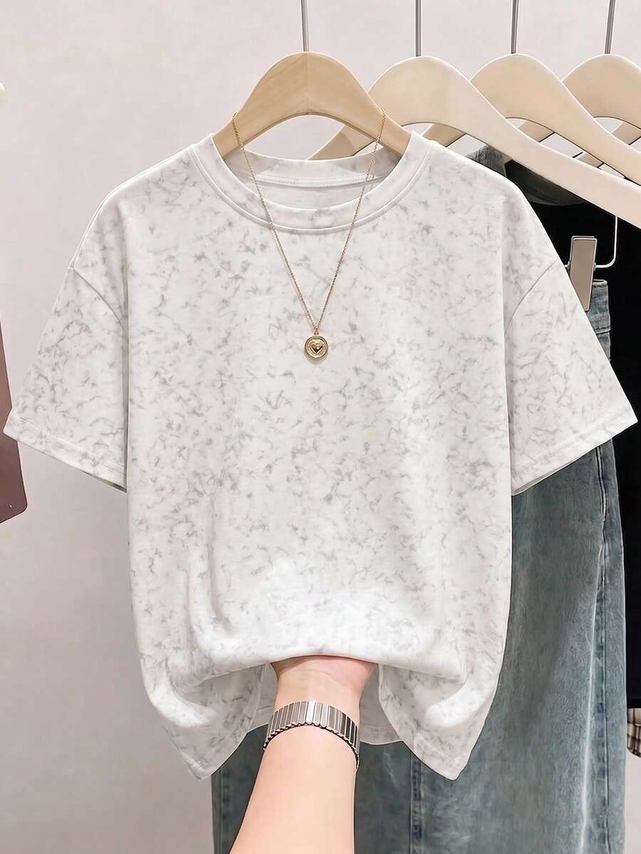Áo thun ngắn tay cổ tròn màu xám đậm, chất liệu cotton đã qua xử lý, kiểu dáng tối giản, thoải mái, thích hợp cho mùa hè, dành cho nữ. - trắng - Xem 1