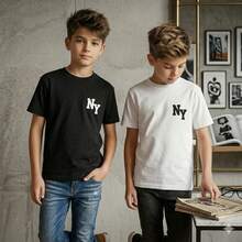 Kit  Conjunto De 2 Camisas  Simples E Confortáveis Para Menino Com Estampa De Letras Para O Verão - Preto e Branco - Visão 3
